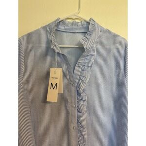 NWT Womens Blue Stripe Button Down Shirt Ruffle Collar Long Sleeve Size M